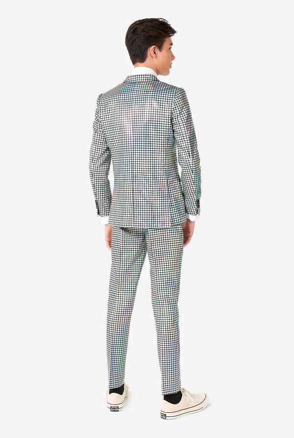 Teen wearing formal suit with mirror discobal print