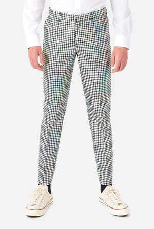 Teen wearing formal suit with mirror discobal print