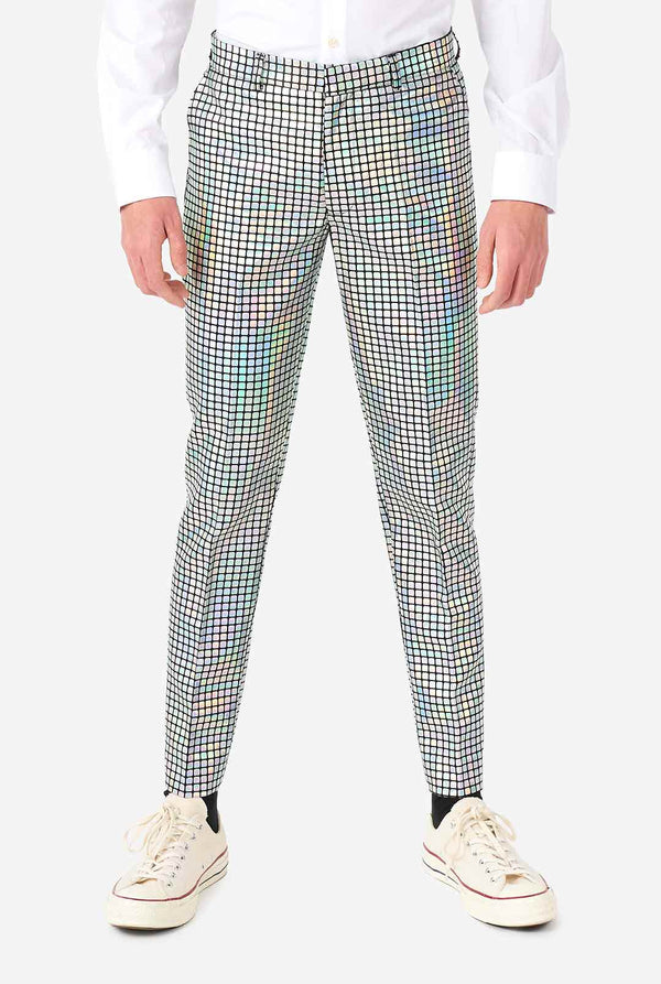 Teen wearing formal suit with mirror discobal print
