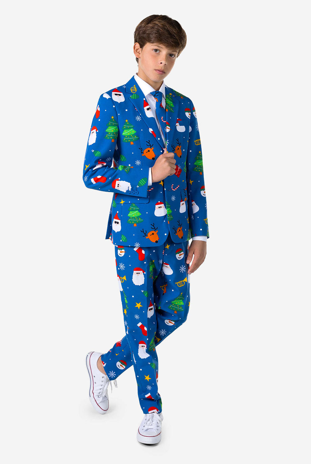 Teen wearing formal blue Christmas suit