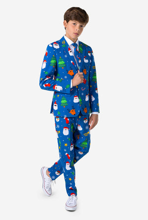 Teen wearing formal blue Christmas suit