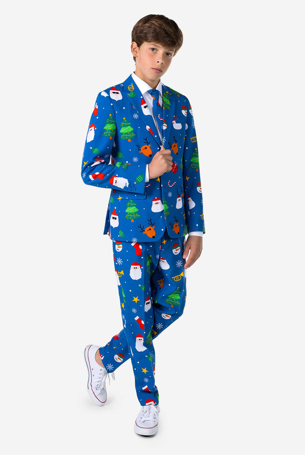 Teen wearing formal blue Christmas suit