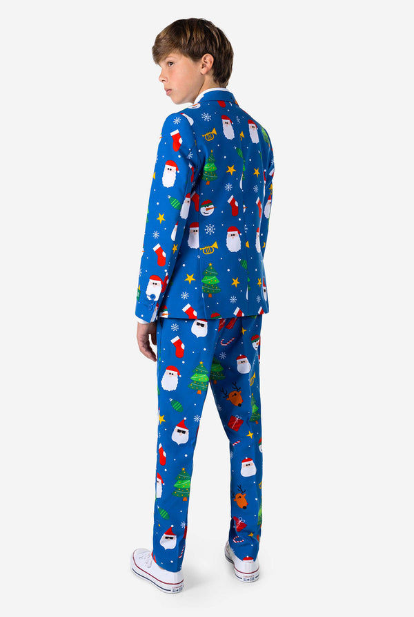 Teen wearing formal blue Christmas suit