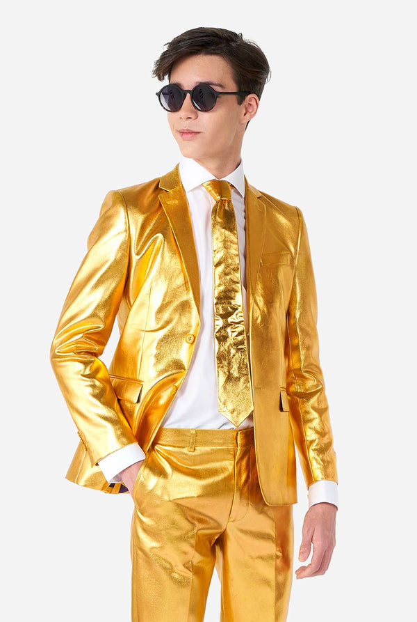 Teen wearing formal golden colored suit