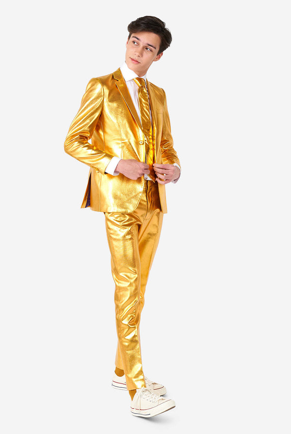 Teen wearing formal golden colored suit