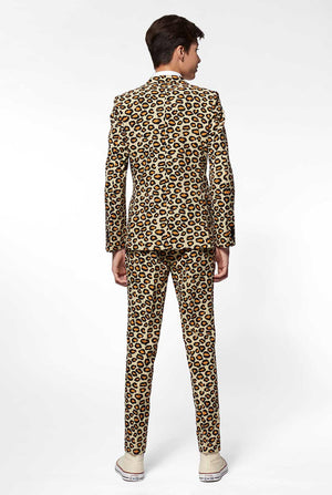 Teen wearing formal suit with panther print
