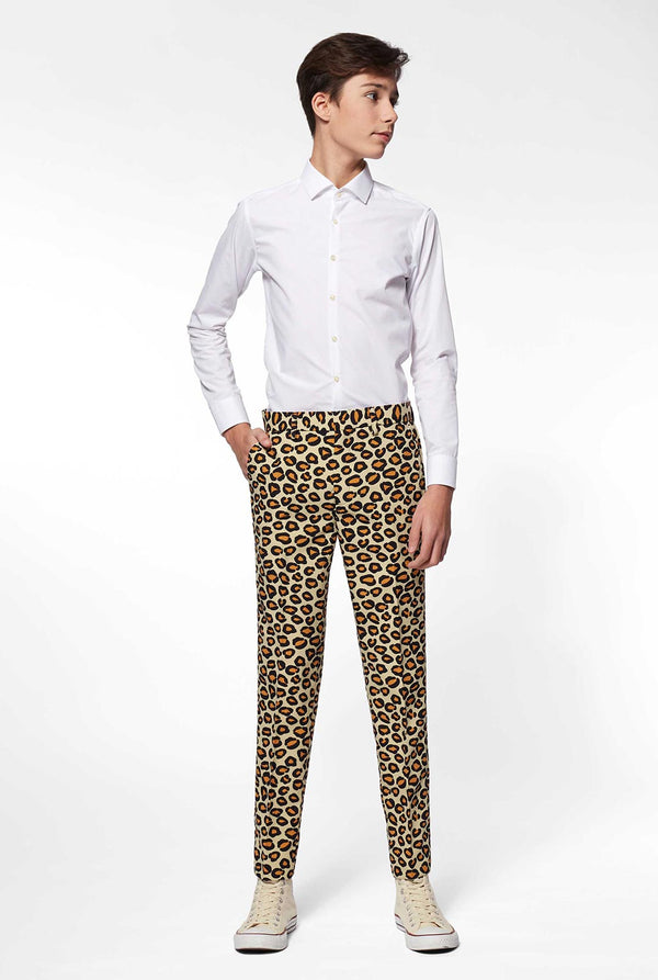 Teen wearing formal suit with panther print