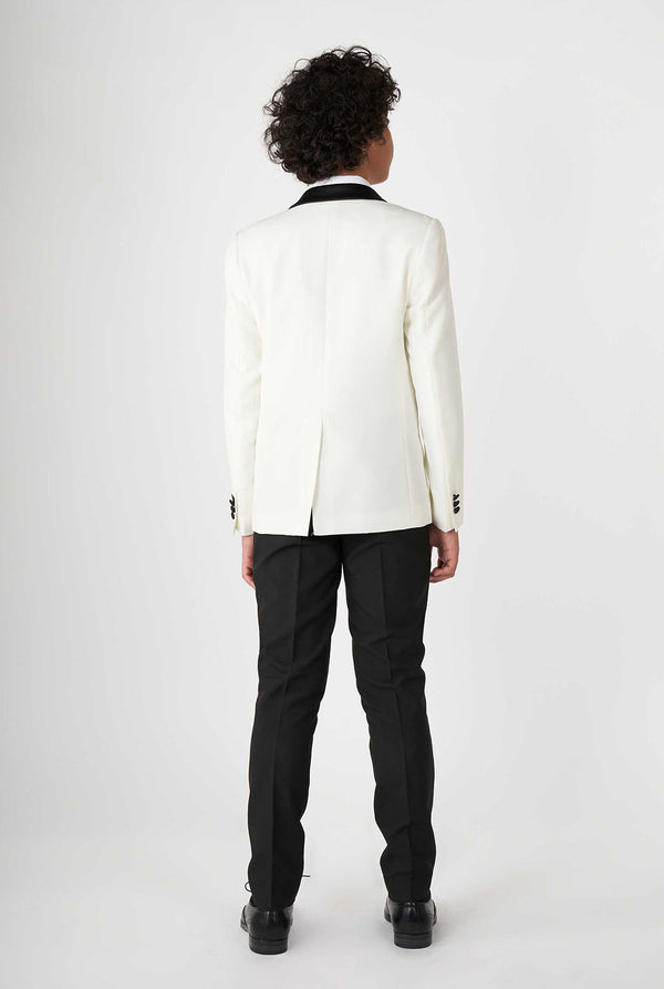 Teen wearing white and black tuxedo