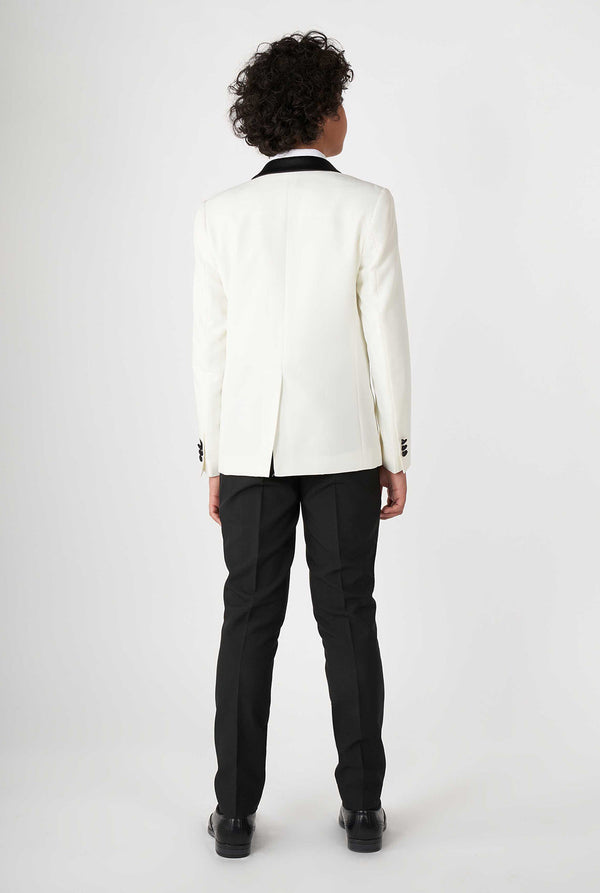 Teen wearing white and black tuxedo