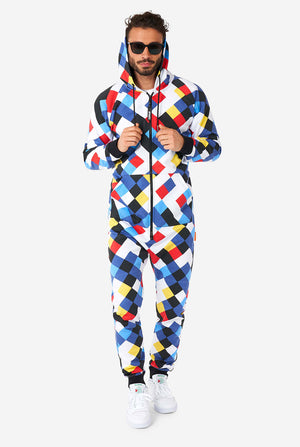 Man wearing a multicolor onesie
