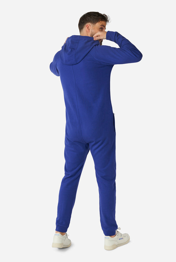 Man wearing Navy blue onesie