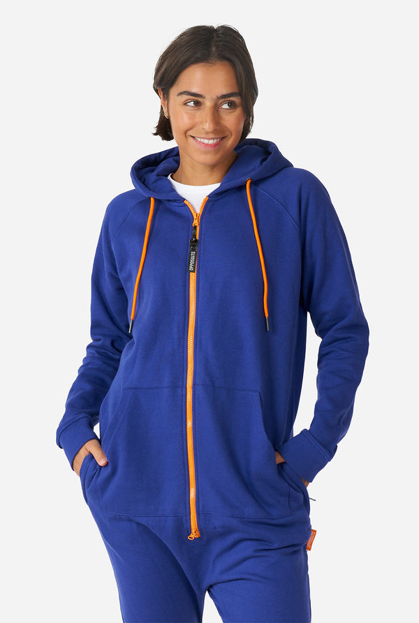 Man wearing Navy blue onesie