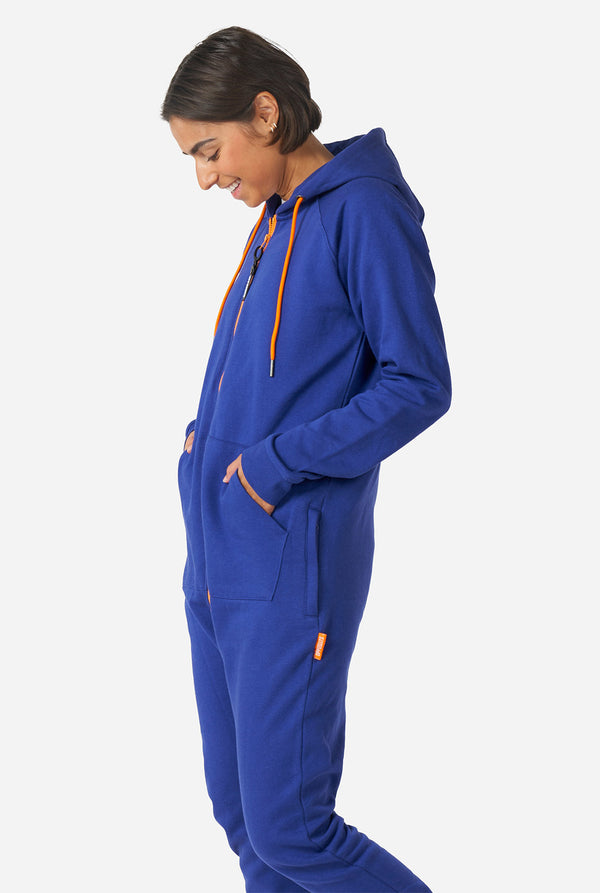 Man wearing Navy blue onesie