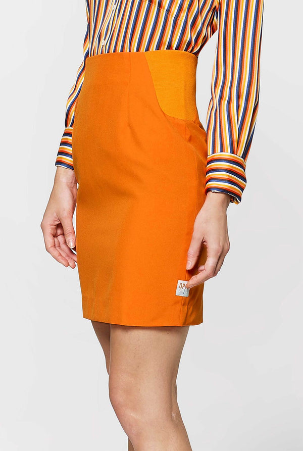 Woman wearing orange dress suit